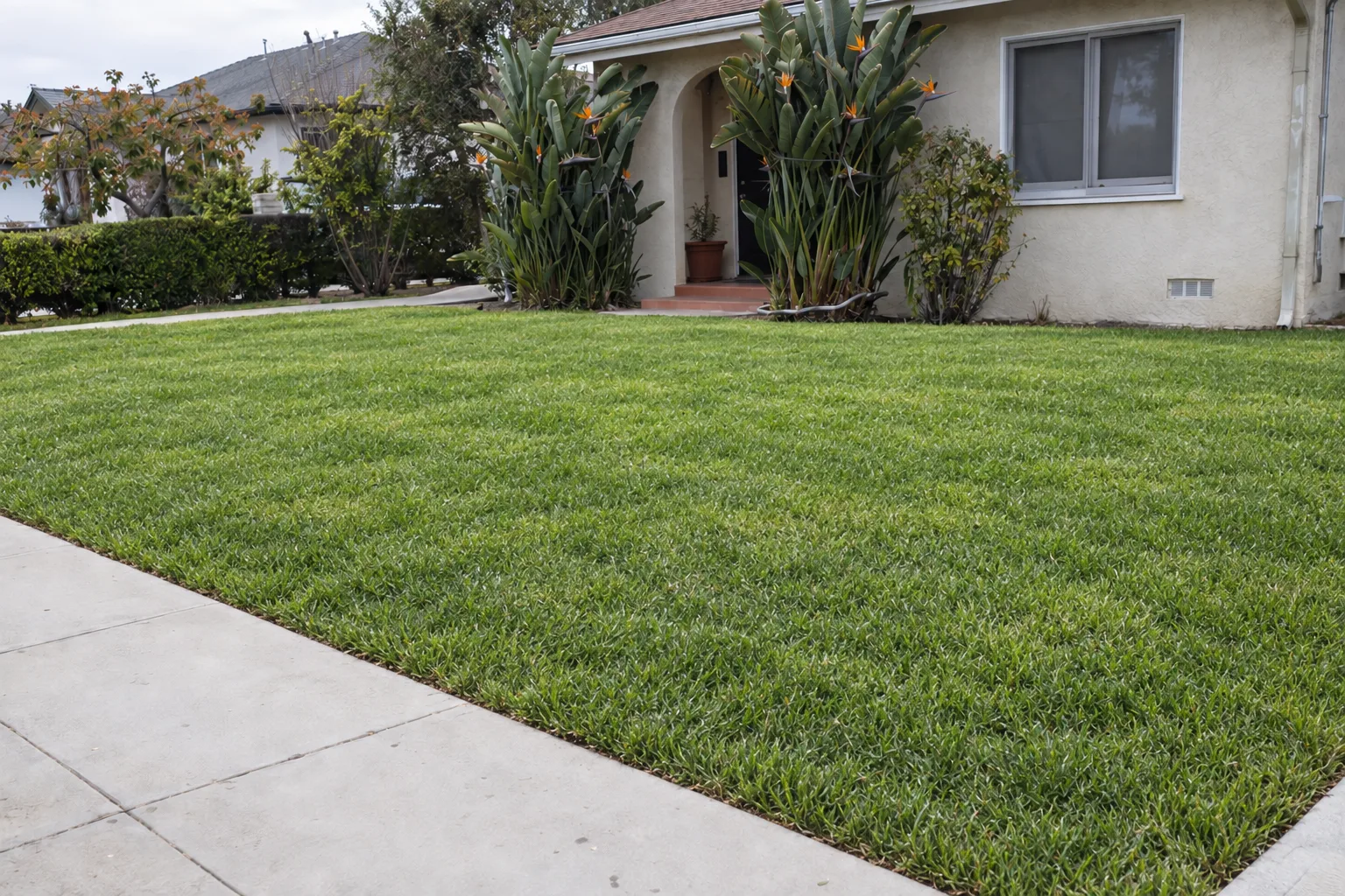 The same Los Angeles residential front lawn now fully recovered, showing dense, evenly green turf with clean edges, in front of the same stucco home and birds-of-paradise plants