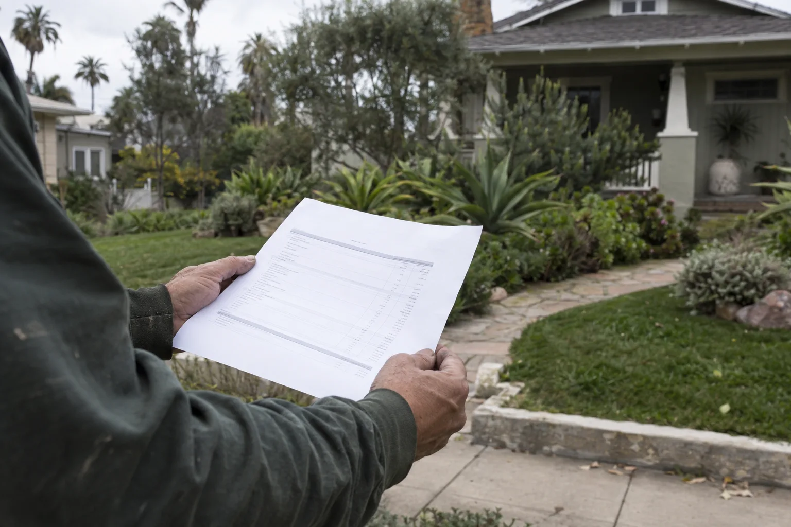 Hands holding a printed estimate document beside a green residential yard with palm trees and a bungalow visible in the soft background