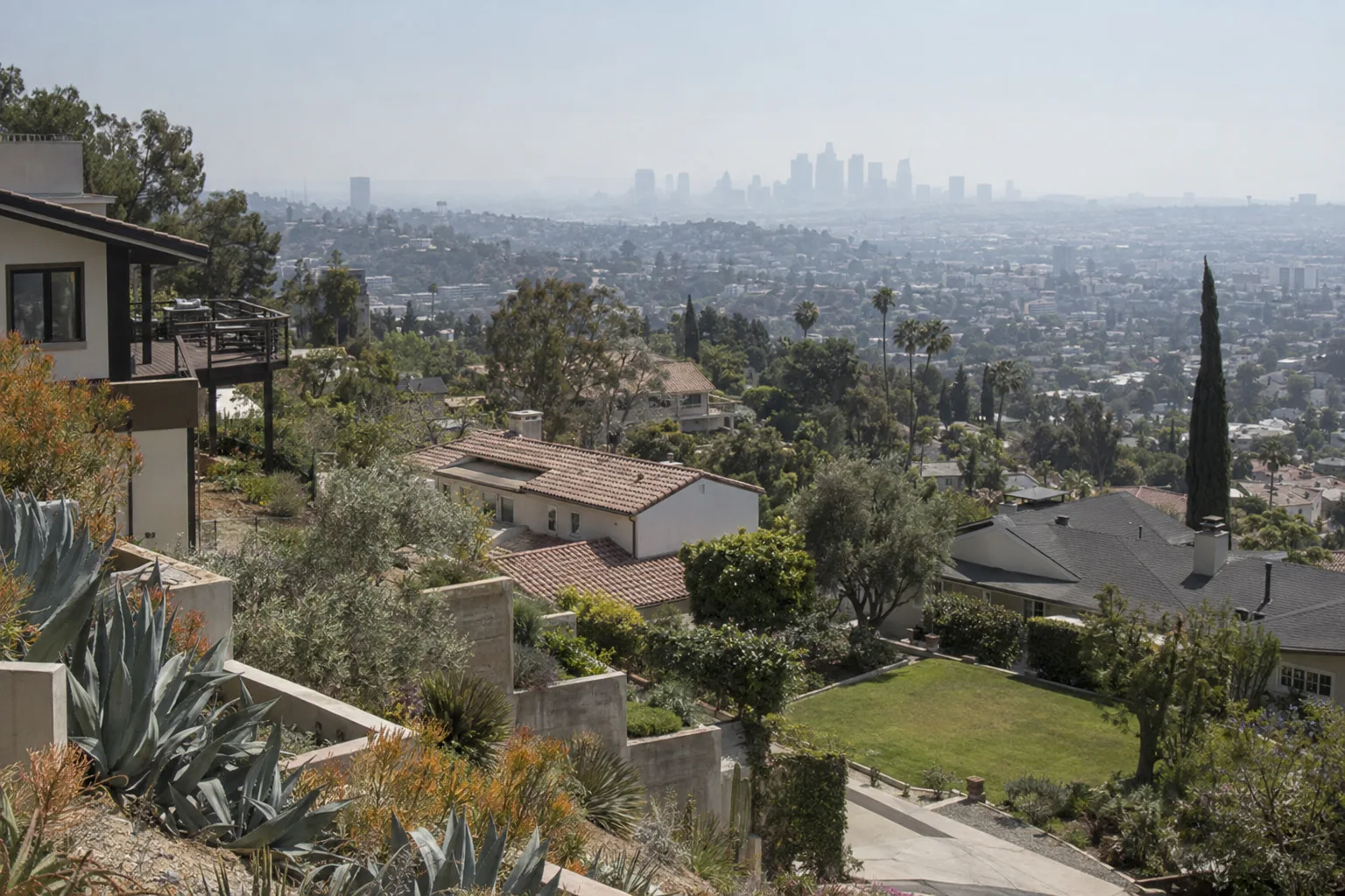 Wide view of a hillside Los Angeles neighborhood showing varied residential gardens and plantings with the hazy LA basin visible in the distance