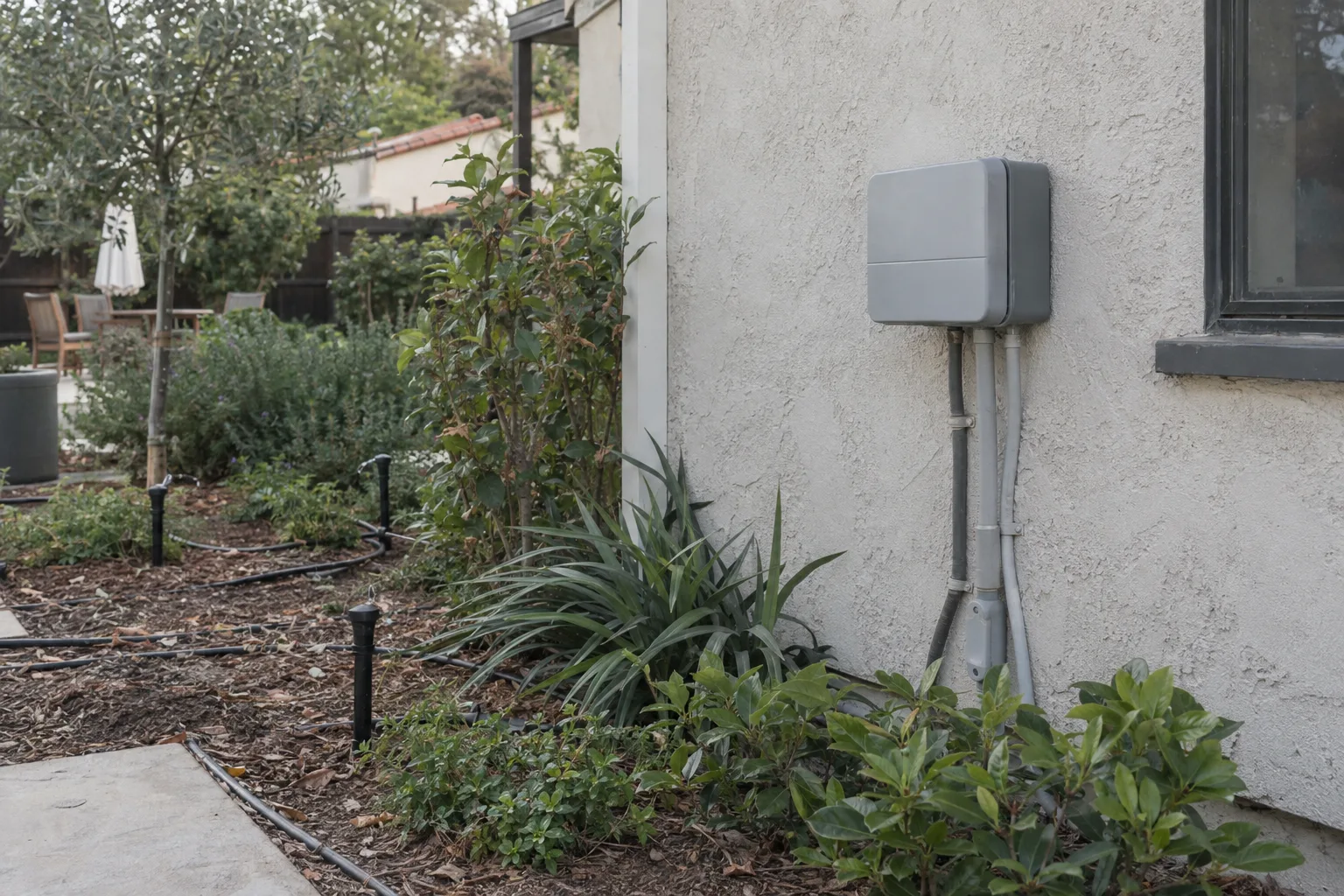 A smart irrigation controller mounted on an exterior stucco wall with drip irrigation lines and spray heads visible among garden planting beds in a Los Angeles back yard
