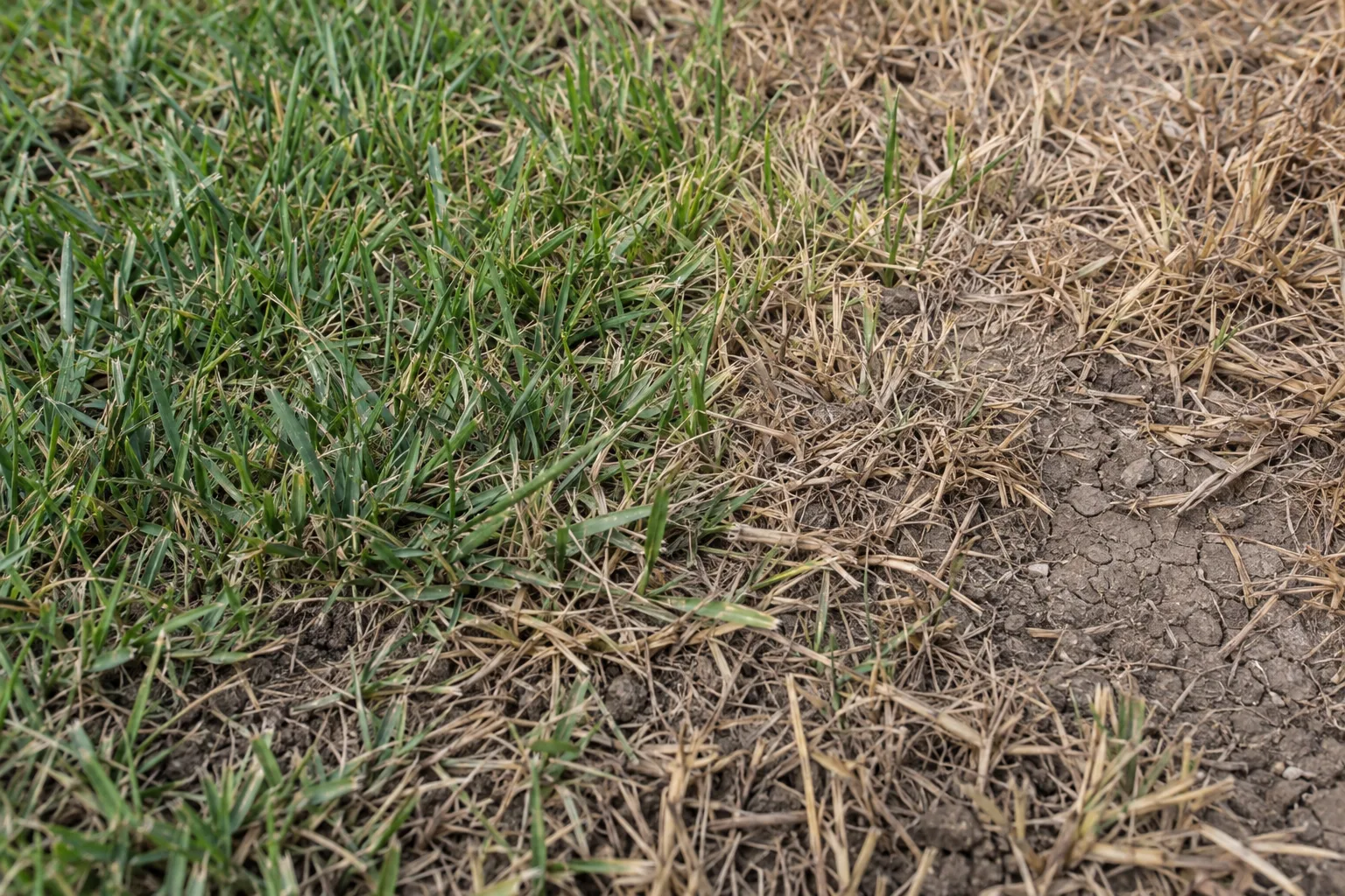 Close-up of a lawn showing a distinct edge between healthy green grass and a dead brown patch, with dry cracked soil visible beneath the thinning turf